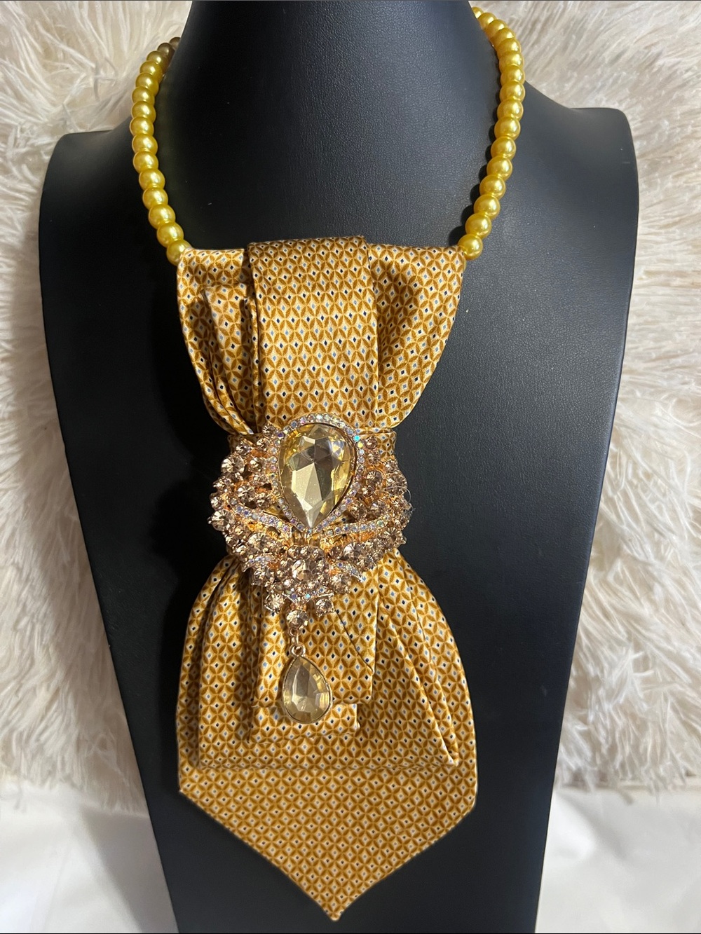 Gold Statement Scarf Necklace with Crystal Brooch